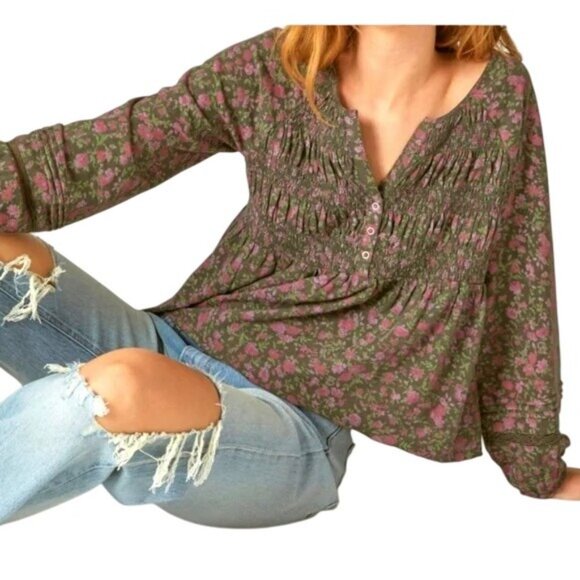 LUCKY BRAND Babydoll Top Sz L Black Pink Floral Textured Smock VNeck 100% Cotton - Picture 8 of 14